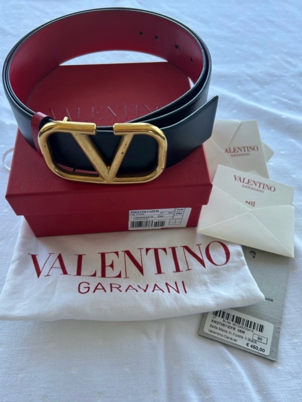 Valentino Garavani Black and Red VLOGO Leather Belt with Gold Buckle